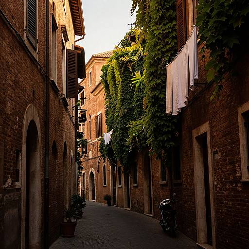 Photograph of a narrow, sunlit alley in a European village with brick buildings, wooden shutters, lush green vines, and laundry hanging.