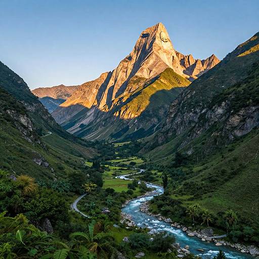 Photograph of a sunlit, jagged mountain peak casting shadows over a lush, green valley with a winding river and dense foliage. Clear blue sky
