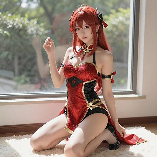 Red-Haired Anime Woman in Sparkly Outfit