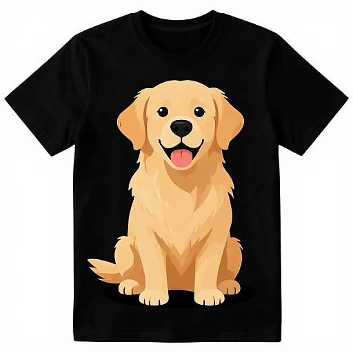 Digital illustration of a cute, smiling golden retriever puppy on a black T-shirt, with cartoon-style simplicity and vibrant colors.