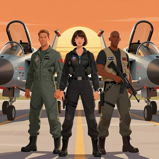Three Military Personnel with Jet Fighters at Sunset