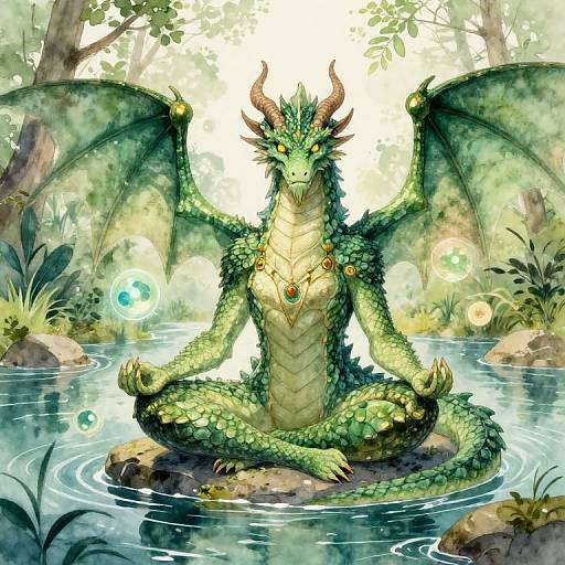 Digital illustration of a green dragon with yellow eyes and brown horns, sitting cross-legged in a forest pond, wearing a gold necklace, surrounded by glowing orbs