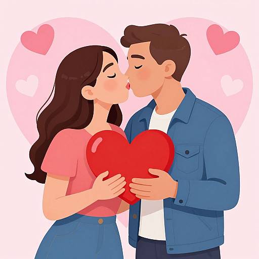 Digital illustration of a loving couple kissing, holding a large red heart, both wearing casual clothes, with pink hearts in the background.