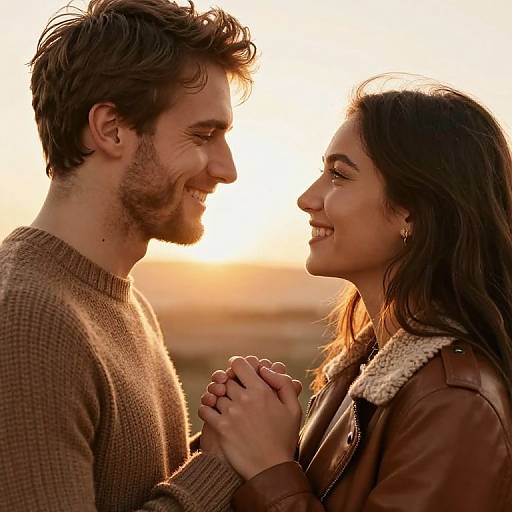 Photograph of a smiling couple with light brown hair, holding hands at sunset. He wears a brown sweater, she a leather jacket. Warm, golden