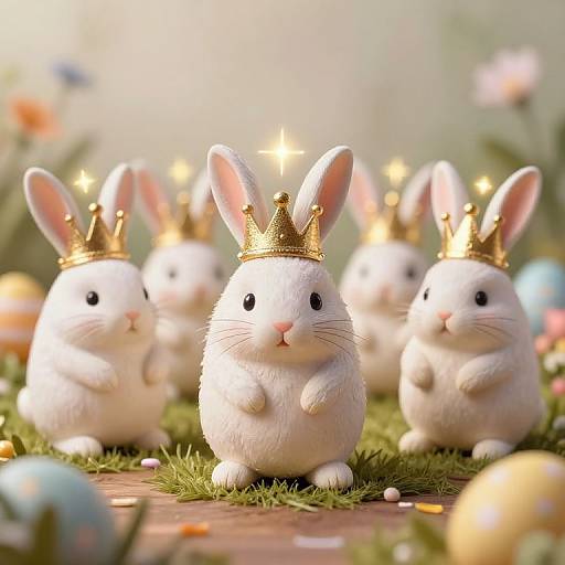 Photograph of four white rabbits with gold crowns, standing on grass, surrounded by colorful Easter eggs and soft-focus flowers.
