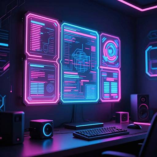 Neon-lit computer desk with vibrant blue and pink holographic screens, keyboard, mouse, speakers, and glowing accents in a dark room. Phot