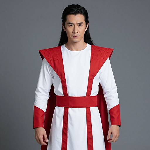 Photograph of an Asian man with long black hair, wearing a white and red medieval-style tunic with red shoulder pads and belt, standing against a