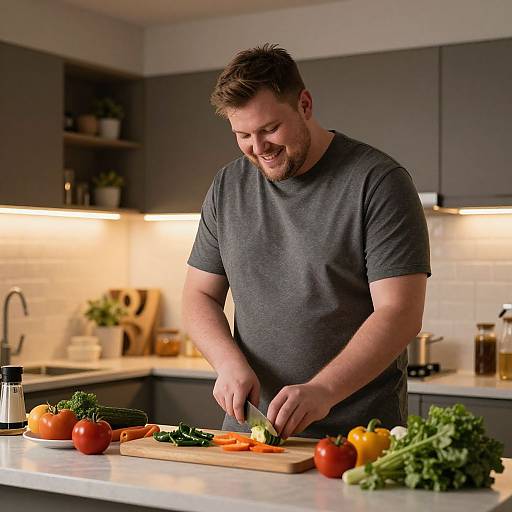 Photograph of a bearded man in a gray t-shirt slicing vegetables on a kitchen counter, surrounded by tomatoes, bell peppers, and greens. Modern