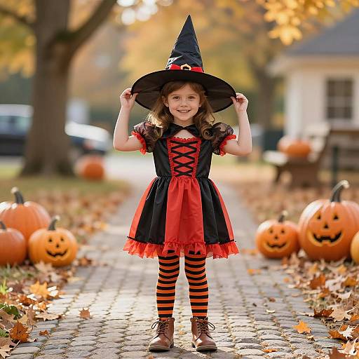 Little girl in witch costume with pumpkins