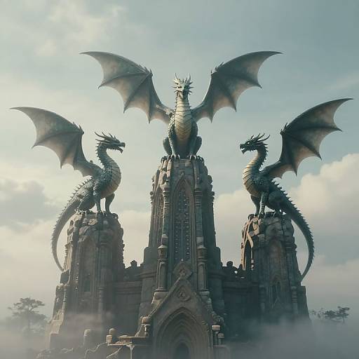 Photorealistic digital artwork: Three green, metallic dragons with large wings stand atop a medieval Gothic castle, against a cloudy sky.