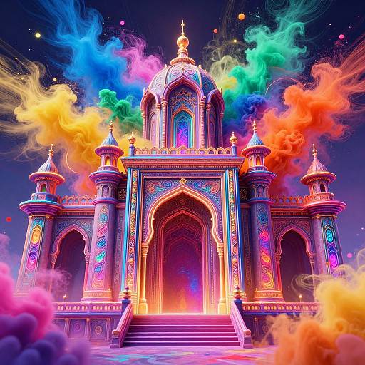 Vibrant, digital illustration of a colorful, ornate mosque with swirling rainbow smoke, illuminated domes, and intricate patterns under a starry night