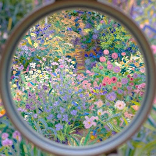 Photograph of a vibrant, circular-panorama garden view through a lens, showcasing a colorful array of blooming flowers in blues, pinks,