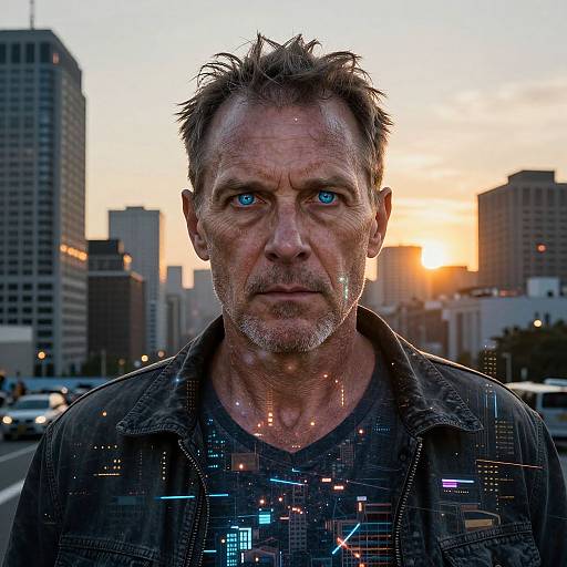 Photorealistic digital portrait of a middle-aged man with blue eyes, short messy hair, and a rugged beard, wearing a dark leather jacket, standing