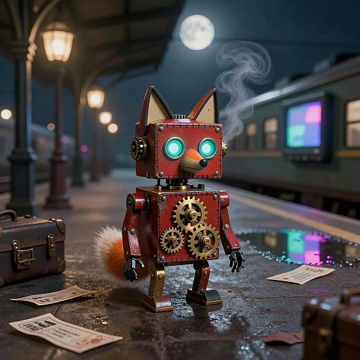 Clockwork Fox Robot on Vintage Train Station Platform at Night