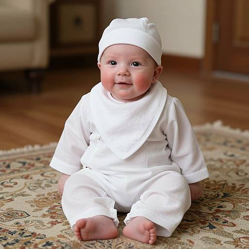 Photograph of a smiling, chubby baby in white traditional attire, seated on a patterned rug in a warmly lit wooden room.