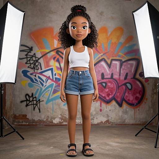 Photograph of a stylized, curly-haired, dark-skinned girl in a white crop top, denim shorts, and sandals, standing in front of