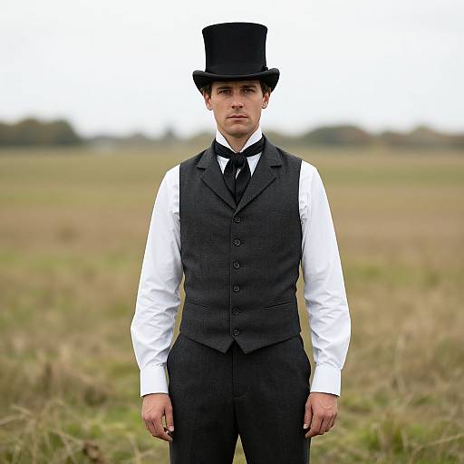 Photograph of a young man in a black top hat, white shirt, black vest, and black trousers, standing in a grassy field.
