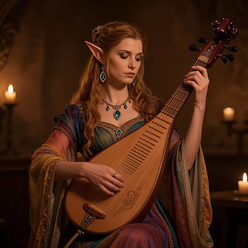 Photograph of a beautiful, elven woman with long brown hair, wearing a colorful, medieval-style dress and turquoise jewelry, playing a wooden lute