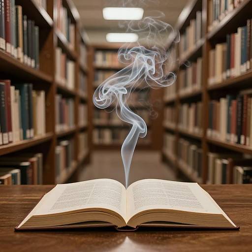 Photograph of an open book on a wooden table in a library, with wisps of blue smoke rising from the pages.