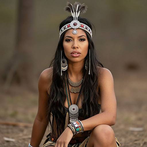 Photograph of a beautiful Black woman with long black hair, wearing Native American-inspired jewelry and headpiece, seated in a forest.