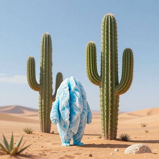 Photograph of a blue, puffy, humanoid figure walking in a desert with tall, green cacti and sandy dunes under a clear blue