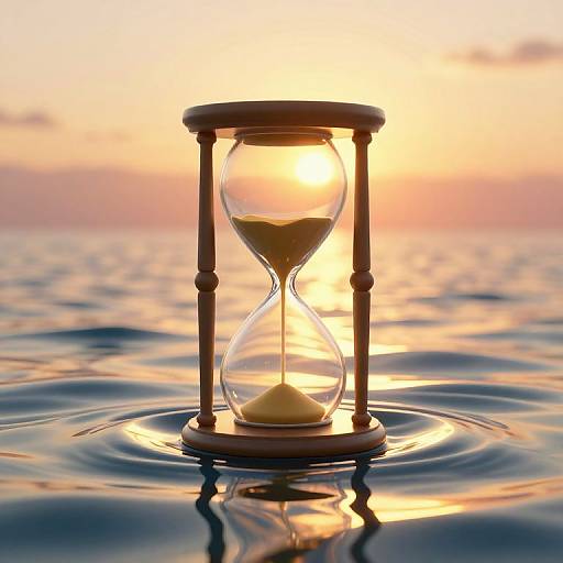 Photograph of a wooden hourglass with sand flowing, standing in calm water at sunset, creating golden reflections and ripples.