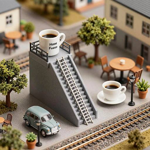 Miniature Coffee Scene with Railroad Tracks