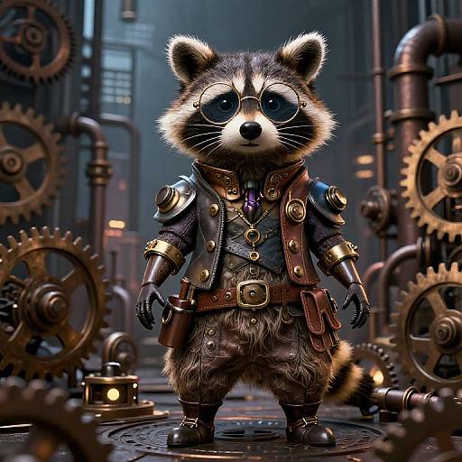 Digital CGI of a cute, anthropomorphic raccoon in steampunk attire, standing amid large, intricate gears in a dimly lit industrial setting.