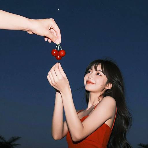 Photograph of an Asian woman with long black hair, wearing a red dress, reaching for a pair of red cherries held by an outstretched