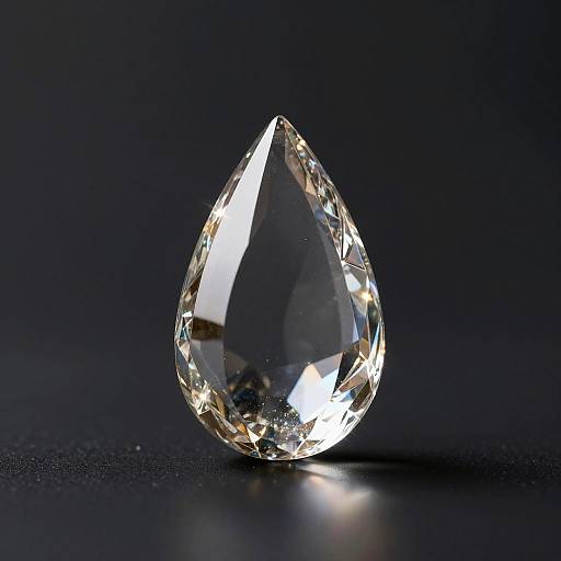 Photograph of a clear, teardrop-shaped diamond with intricate facets, reflecting light against a dark, smooth background.