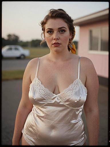 Photograph of a plus-size woman with fair skin, brown hair in a bun, wearing a white satin camisole with lace trim, standing outdoors