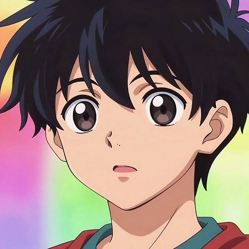 Anime-style digital drawing of a young boy with large, expressive brown eyes, black spiky hair, and a red shirt, set against a colorful gradient