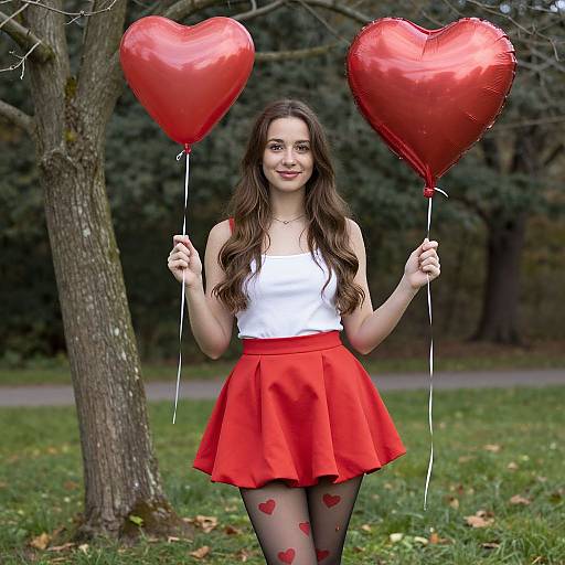 Photograph of a young woman with long brown hair, wearing a white tank top, red skirt, and heart-patterned tights, holding two red