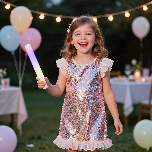 Photograph of a smiling young girl with light brown hair, wearing a sequined silver dress with white ruffles, holding a glowing stick, surrounded by