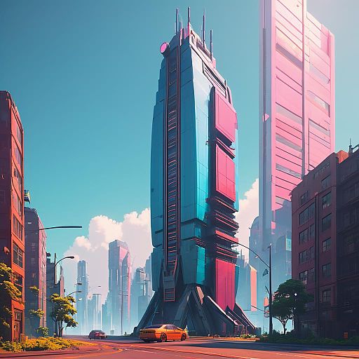 Vibrant Futuristic Skyscraper on Sunny Day Vibrant Futuristic Skyscraper on Sunny Day