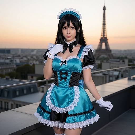 Photograph of a young Asian woman in a turquoise and black French maid costume with white lace, standing on a Paris rooftop at sunset, with the E