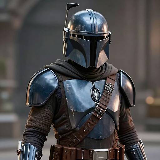 Photograph of a Mandalorian warrior in glossy black armor, helmet with visor, brown scarf, and shoulder pauldrons, standing in urban background