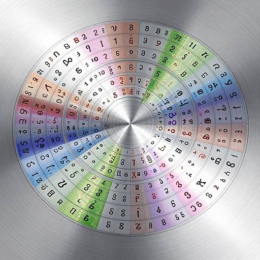 Digital art of a colorful, concentric circle calendar with black numerals on rainbow gradients, set against a metallic, brushed silver background.