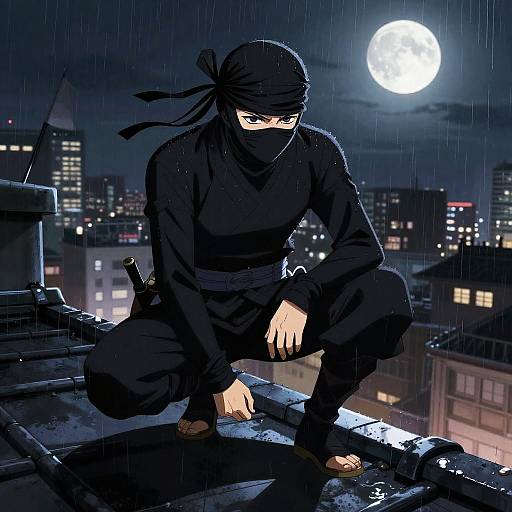 Stealthy Anime Ninja on Rooftop