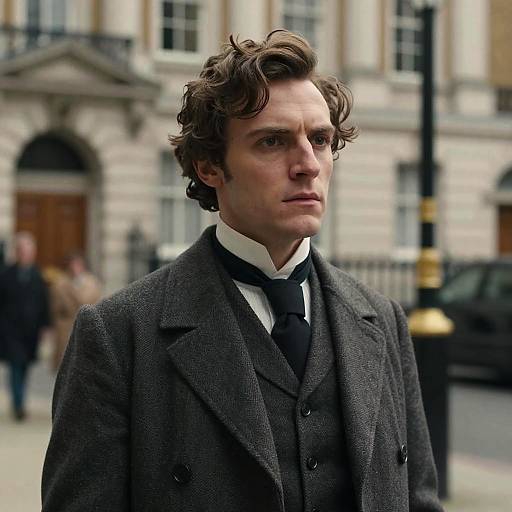 Photograph of a serious, curly-haired young man in a Victorian-style dark gray three-piece suit and black tie, standing in front of a blurred historic