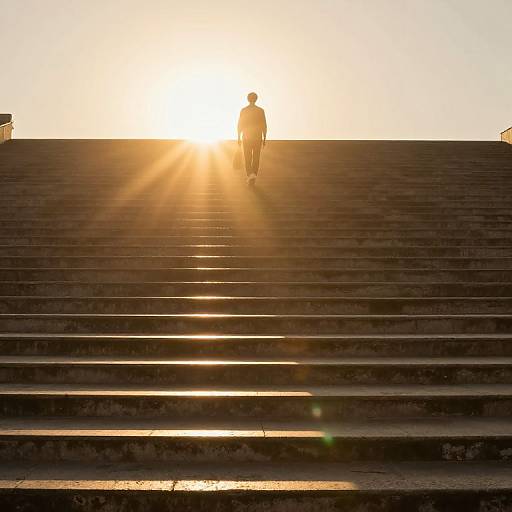 Photograph of a silhouetted person walking down sunlit stone steps at sunset, with golden sun rays and lens flare in the background.