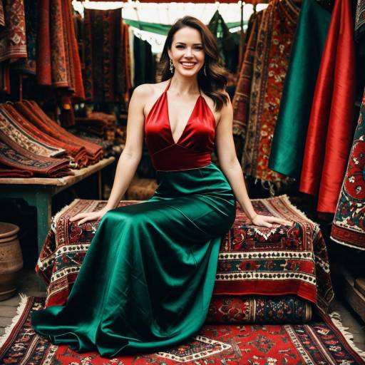 Woman in Satin Gown Sitting on Antique Rugs
