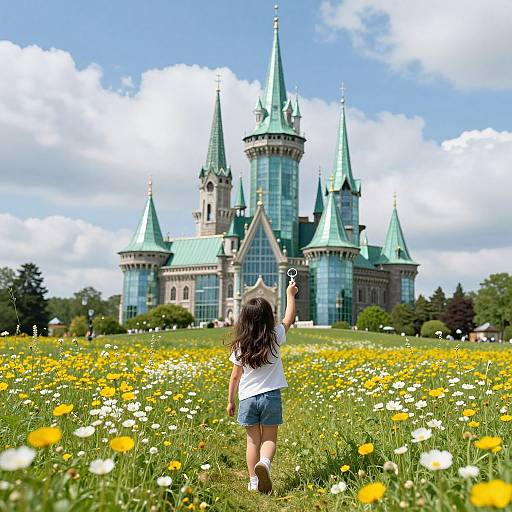Photograph of a young girl with long brown hair, wearing a white shirt and denim shorts, standing in a colorful flower field, holding a key,