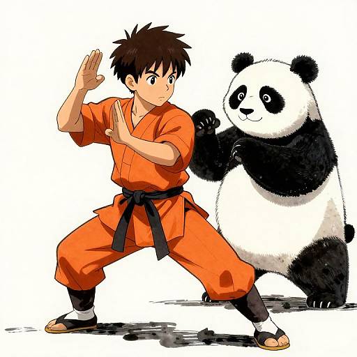 Digital anime-style drawing of a brown-haired boy in an orange karate gi and black belt standing in a fighting stance beside a smiling panda. Both are