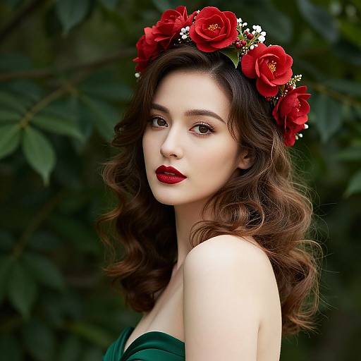 Photograph of a fair-skinned woman with wavy brown hair, wearing a red flower crown and dark green strapless dress, against a dark green