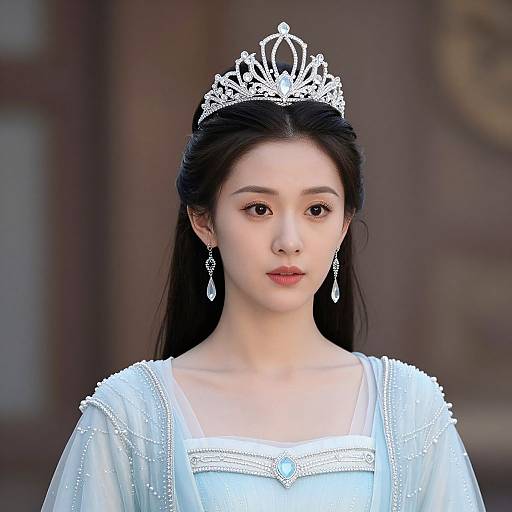 Photograph of an Asian woman with fair skin, black hair, wearing a silver tiara, white dress with pearl embroidery, and teardrop earrings