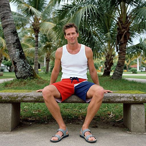 Photograph of a muscular, fair-skinned man with short brown hair, wearing a white tank top, red and navy blue shorts, and gray sandals
