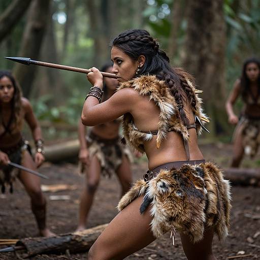 Photograph of a fierce, dark-haired Native American woman in fur clothing, holding a spear, with two other women in similar attire in a dense forest