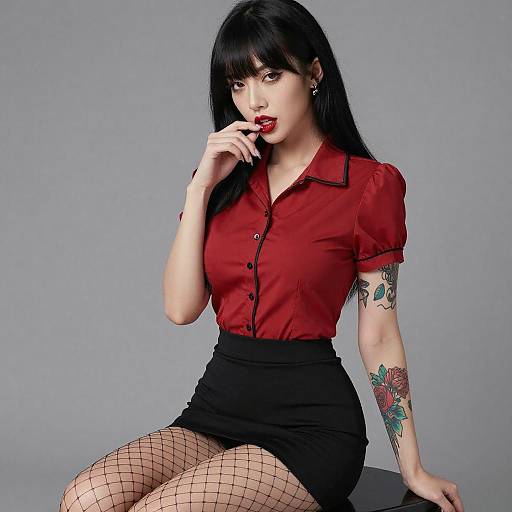 Confident Woman with Tattoos and Red Blouse