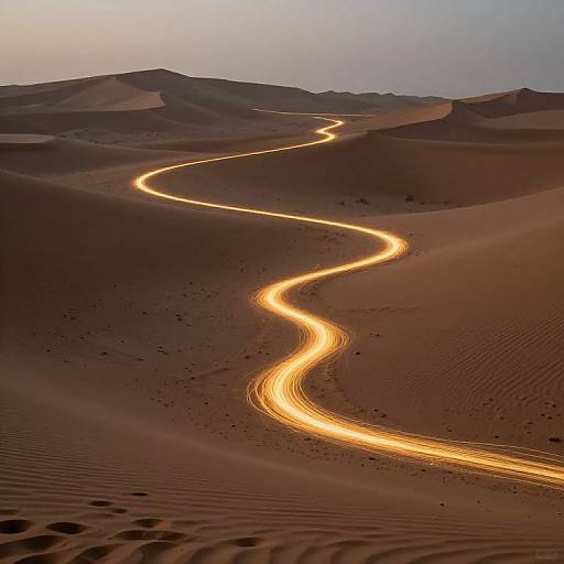 Photograph of a glowing, winding light trail through a vast, undulating desert landscape with reddish-brown sand dunes under a twilight sky.